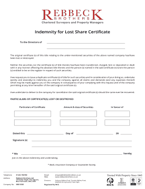 Indemnity for Lost Share Certificate  Form