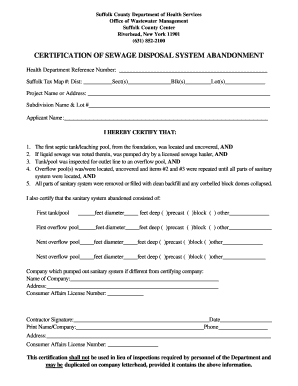 Suffolk County Certification of Sewage Disposal System Abandonment  Form