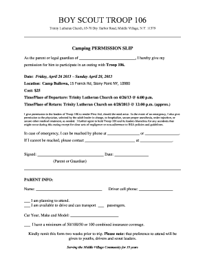 Camping PERMISSION SLIP Btroop106nybbcomb  Form