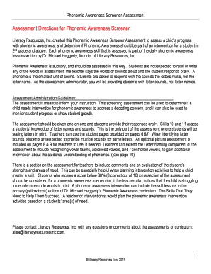 Phonemic Awareness Screener Assessment Literacy Resources Inc  Form