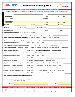 Fillable Online Homeowner Warranty Form Alsco Metals