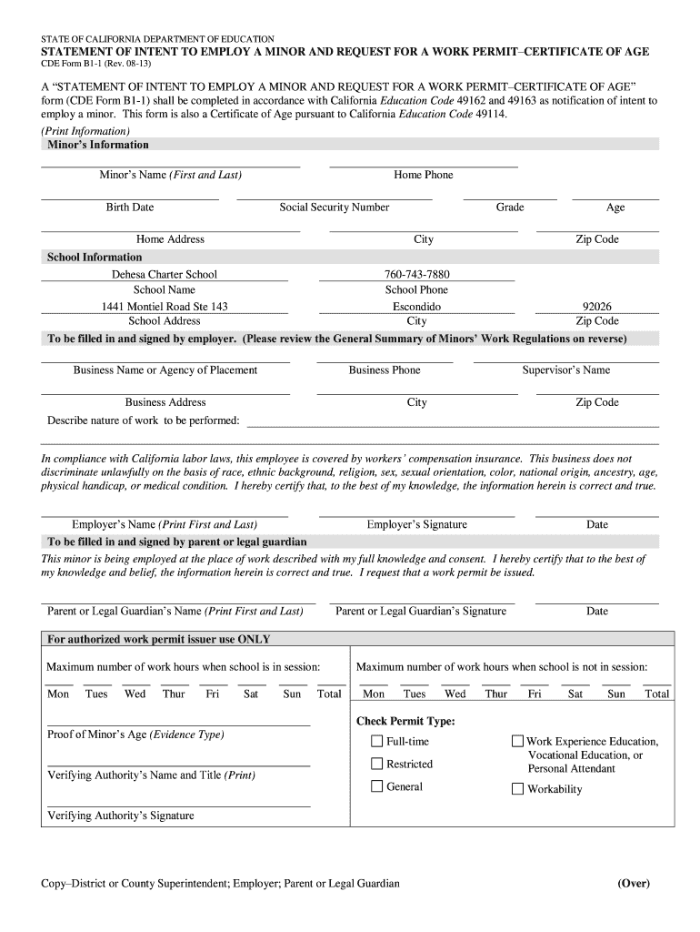 Request for Work Permit Work Experience CA Dept of Education the STATEMENT of INTENT to EMPLOY MINOR and REQUEST for WORK PERMIT  Form