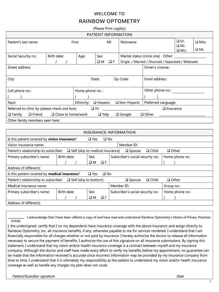 Medical Office Registration Form Rainbow Optometry