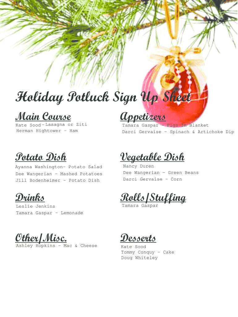 Holiday Sign Up Sheet for Work  Form