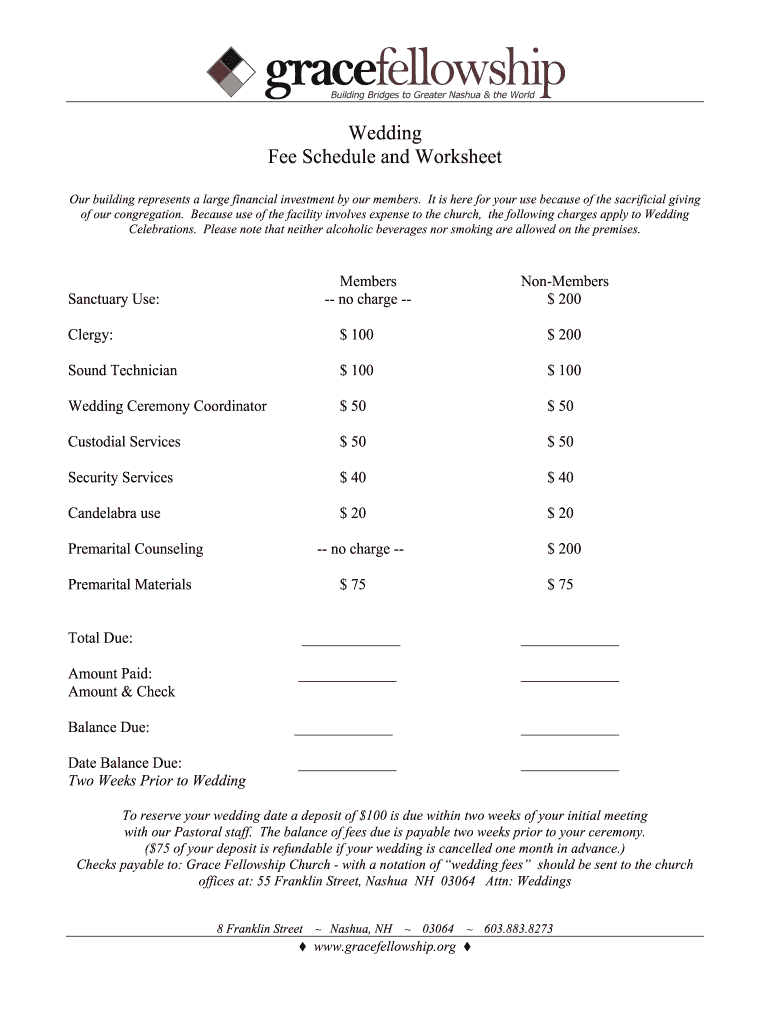 Wedding Fee Schedule and Worksheet Gate City Church Gatecitychurch Form