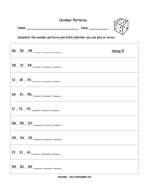 Grade 2 and 3 Math Worksheet Number Patterns Addition and Subtractiomn Math  Form
