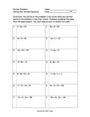 Partner Problems Solving One Variable Equations  Form