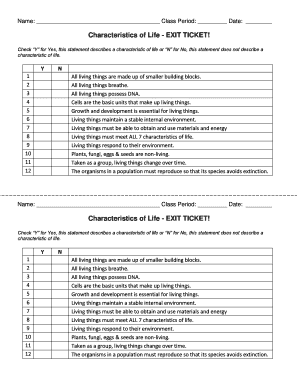 Characteristics of Life Exit Ticket  Form