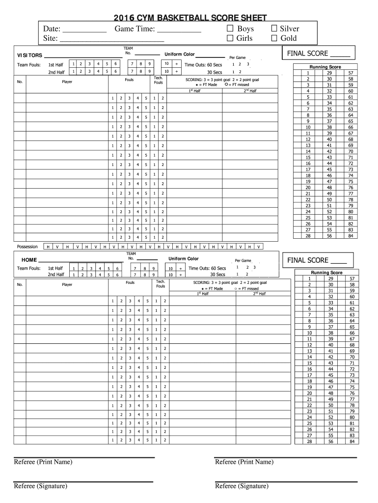  Basketball Score Sheet 2016