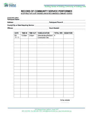 Habitat for Humanity Community Hours Log  Form