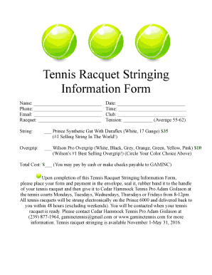 Tennis Racquet Stringing Information Form