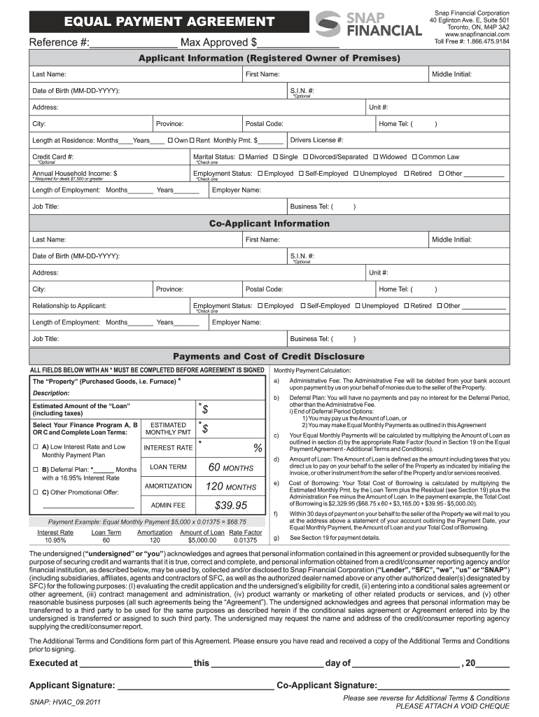  SNAP Financial Equal Payment Application Form  J & a Heating 2011