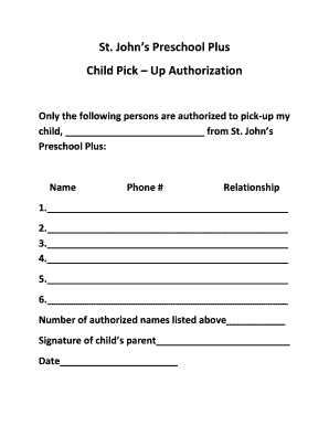 Child Pick Up Authorization Form