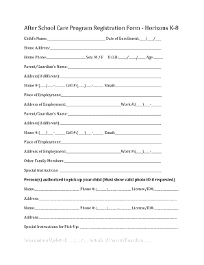 Copy of After School Care Registration Form Blank Horizonsk8school