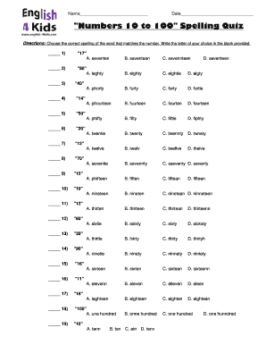 &quot;Numbers 10 to 100&quot; Spelling Quiz ESL Kids Lab  Form