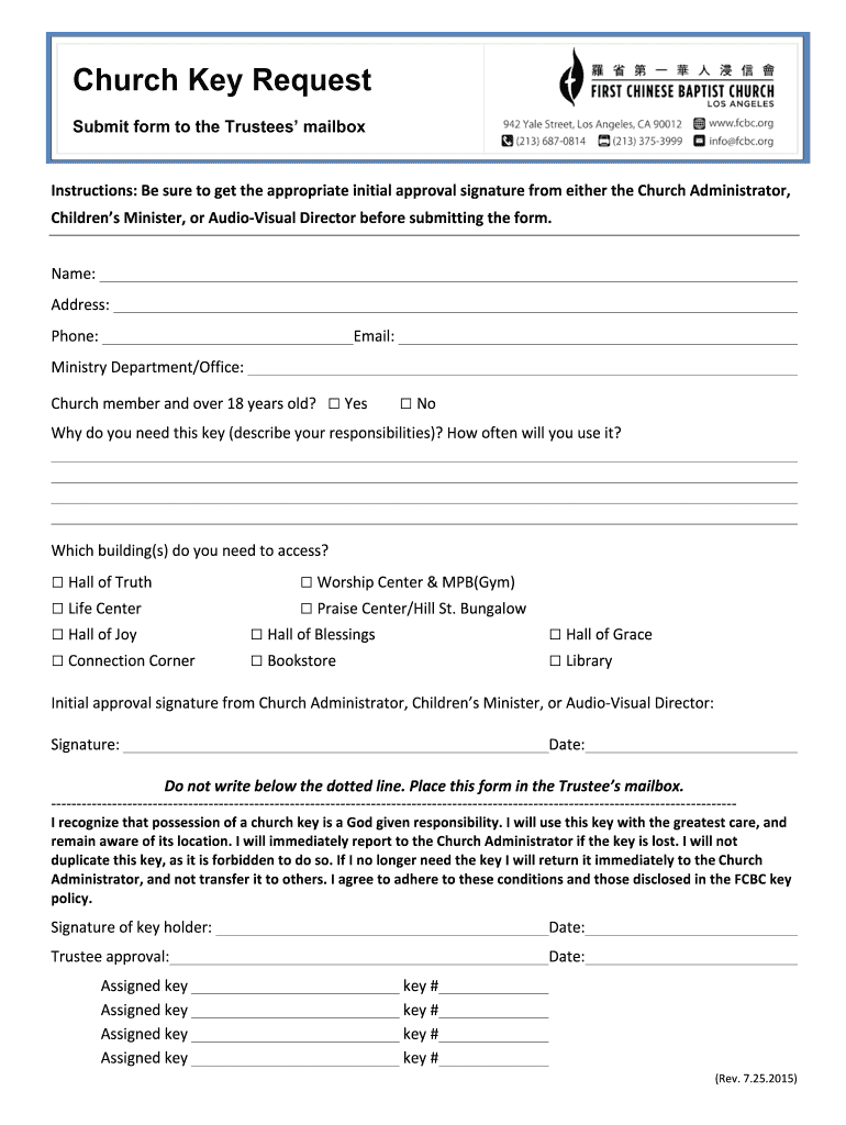 Get and Sign Church Key Request 2015-2022 Form
