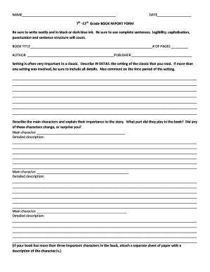 12th Grade BOOK REPORT FORM Be Sure to Write