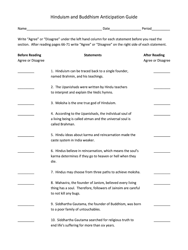 Hinduism and Buddhism Anticipation Guide PDF MshsChadOwens  Form