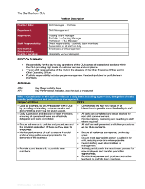 Responsibilities KPI&amp;#39;s the Shellharbour Club  Form