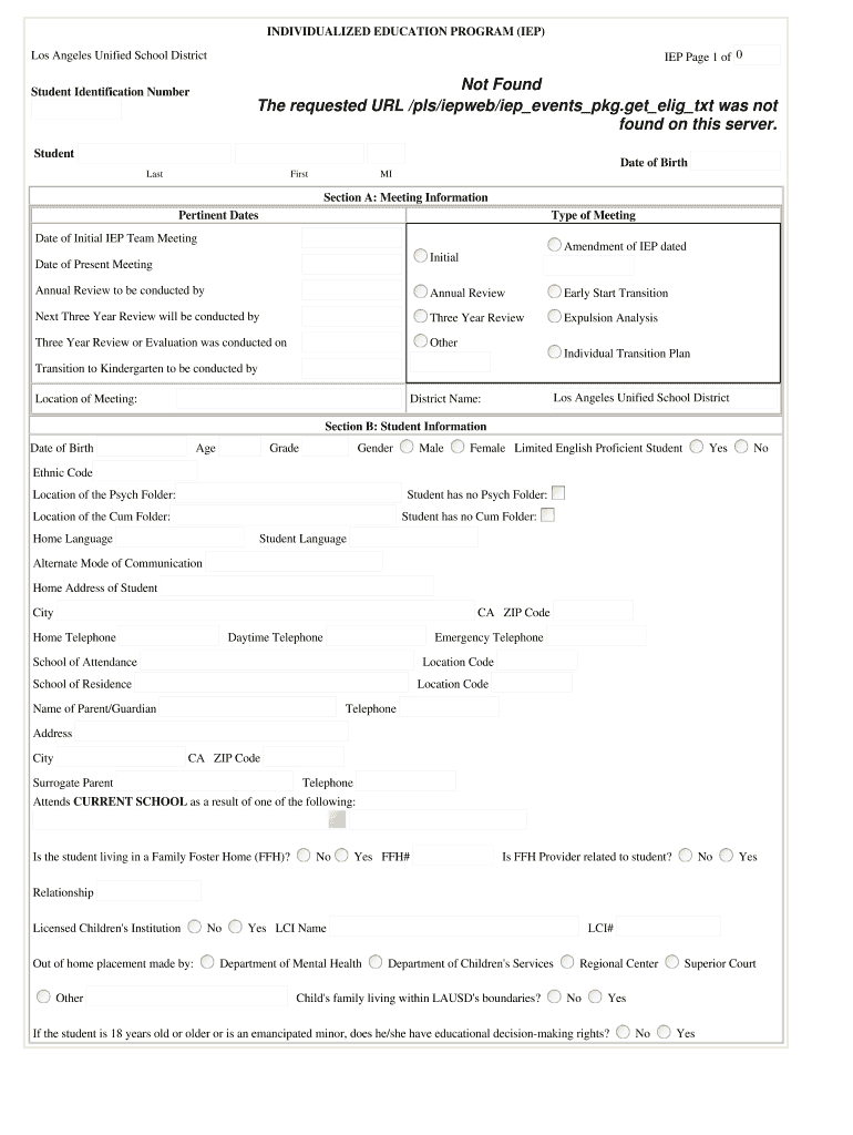 BBlankb IEP Document Los Angeles Unified School District Notebook Lausd  Form