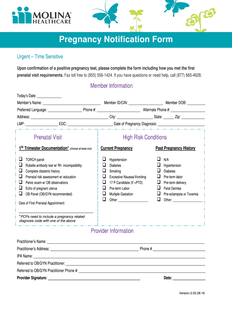  BPregnancyb Notification BFormb Molina Healthcare 2016