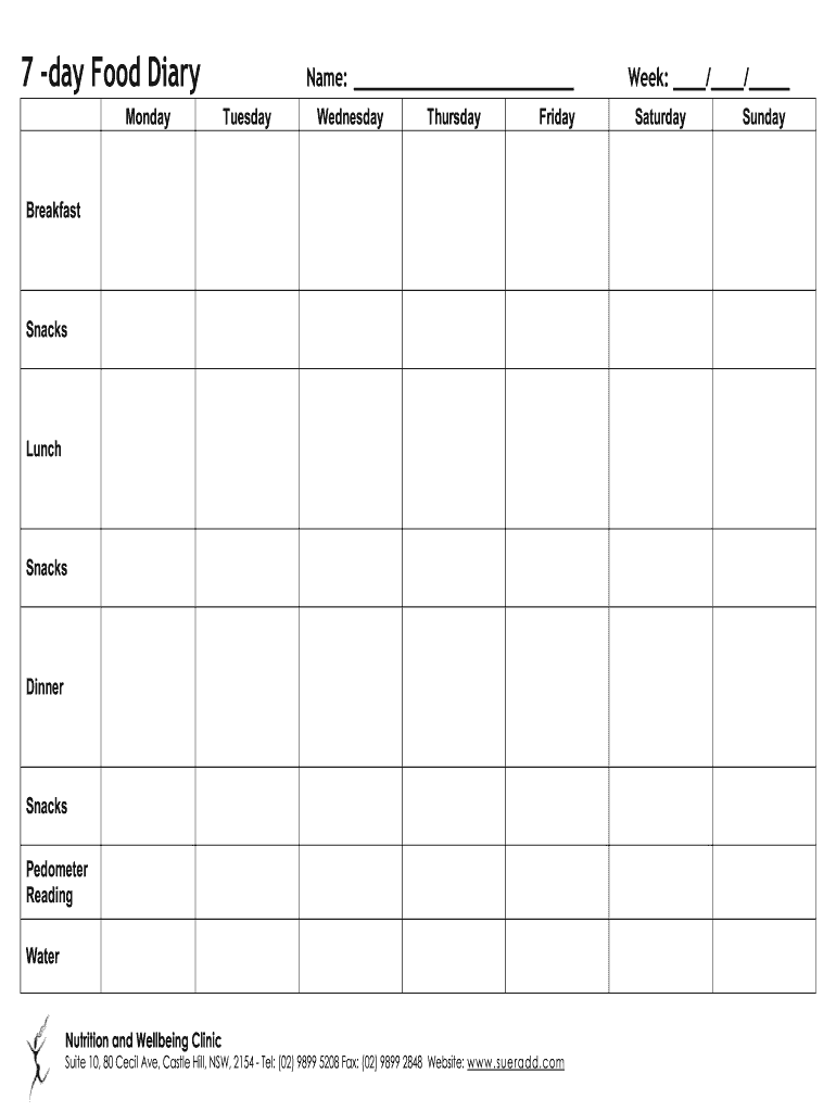 Online Printable Food Diary  Form
