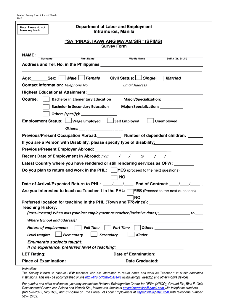 Spims Ofw Profile Sheet Form Online