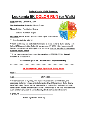 Butler County HOSA 5K Color Run Sign Up Sheet City of Morgantown  Form