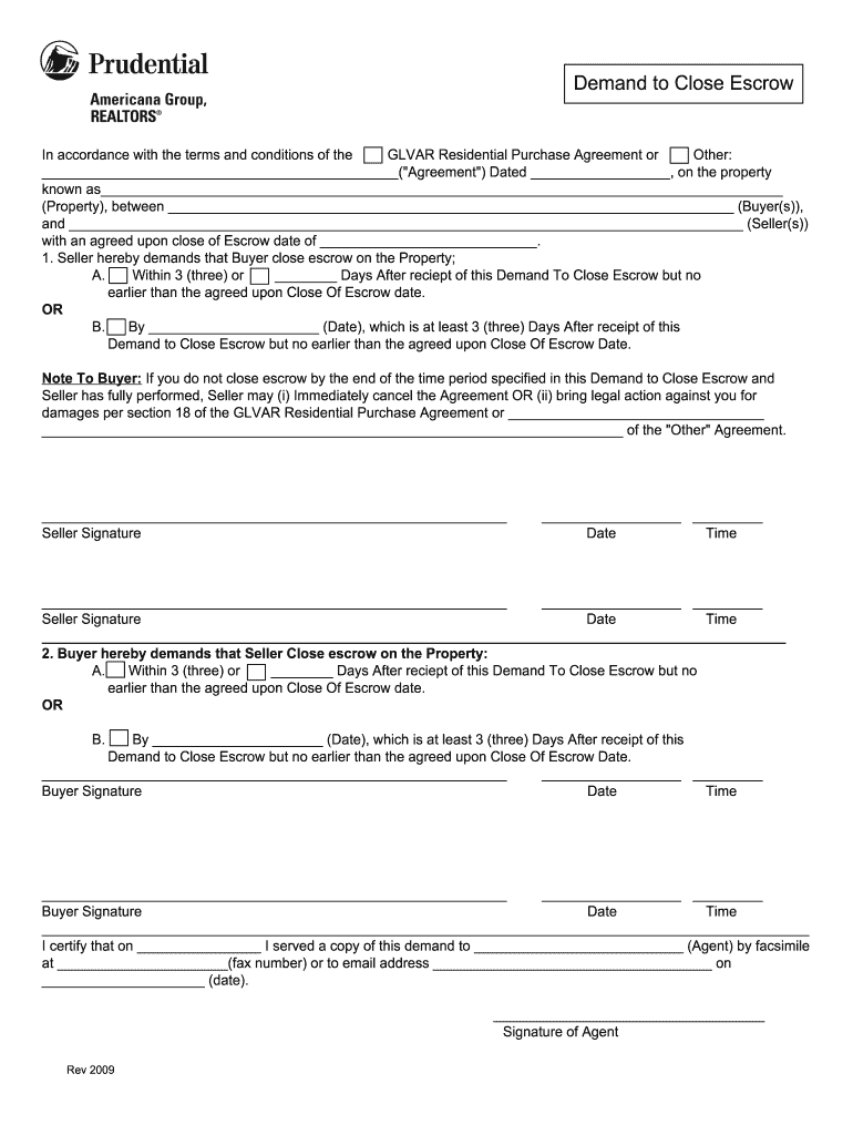  Demand to Close Escrow Form 2009-2024