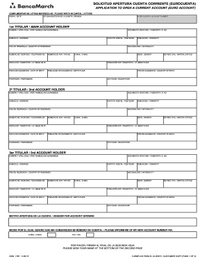 Org 1767 Solicitud Apertura Cuenta Corriente Eurocuenta V Ingls PDFxls Bancamarch  Form