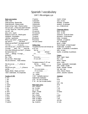 Spanish 1 Vocabulary List PDF  Form