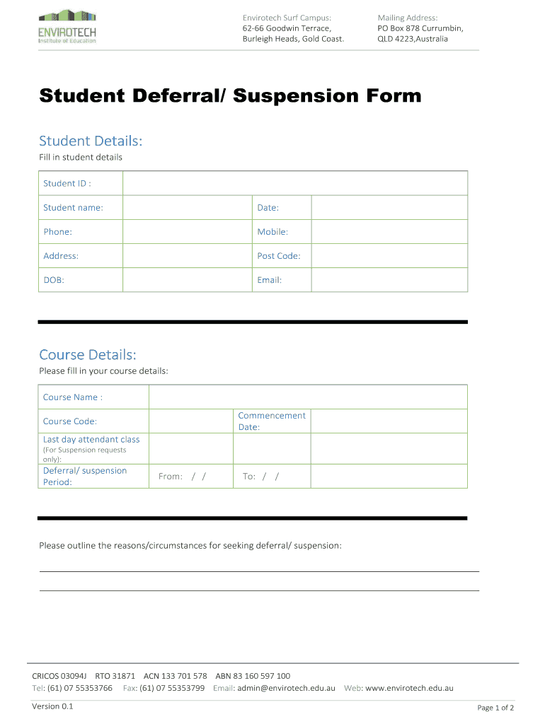 Student Deferral Suspension Form Envirotech Edu