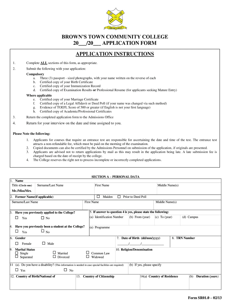 Browns Town Community College Application Form