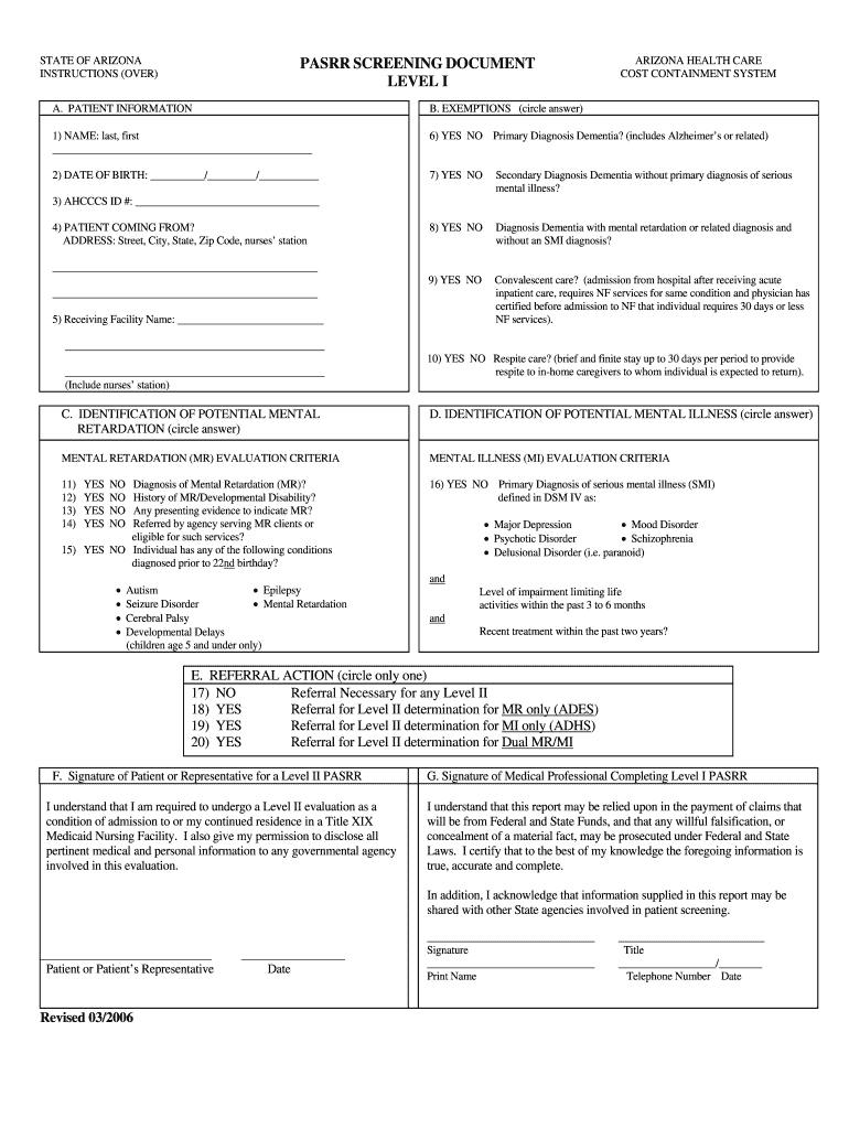 Printable Level of Care Passr  Form