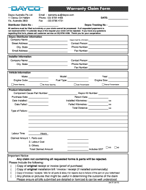 Warranty Claim Form Dayco