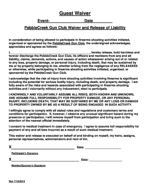 Event Date PebbleCreek Gun Club Waiver and Release of Pebblecreekgunclub  Form