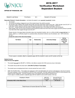  Verification Worksheet Dependent Student Njcu Edu 2016