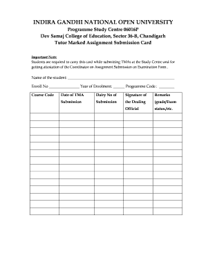 Form Use While Depositig Assignmeny to Study Centre of Ignou