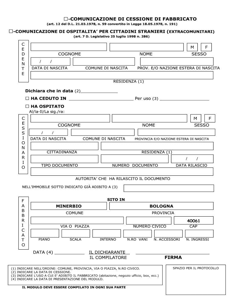 Modulo Di Cessione Di Fabbricato E Di Dichiarazione Di Ospitalit  Comune Minerbio Bo  Form