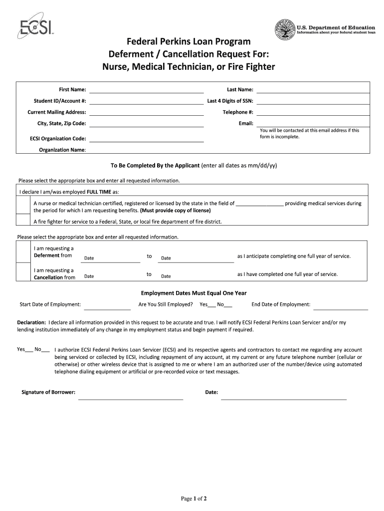 Perkins Deferment Cancellation  Form