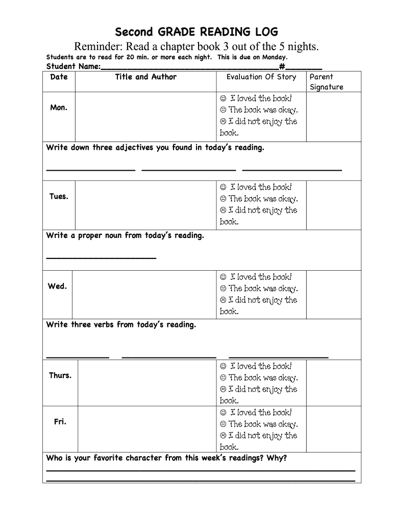 Second GRADE READING LOG Reminder Read a Chapter Book 3 Sacredheartschoolventura  Form