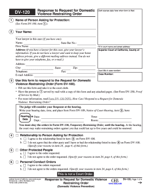 DV 120 Response to Request for Domestic Violence Restraining Order Fillable Editable and Saveable California Judicial Council Fo  Form