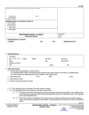 JV 255 Restraining Order?Juvenile Editable and Saveable California Judicial Council Forms