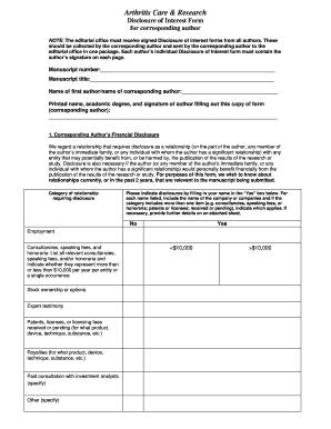 Arthritis Care &amp; Research Disclosure of Interest Form for