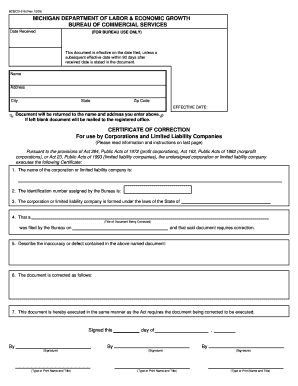 Michigan 518 Certificate of Correctionllc State Legal Forms