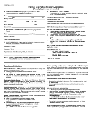 Texas Helmet Exemption Sticker  Form