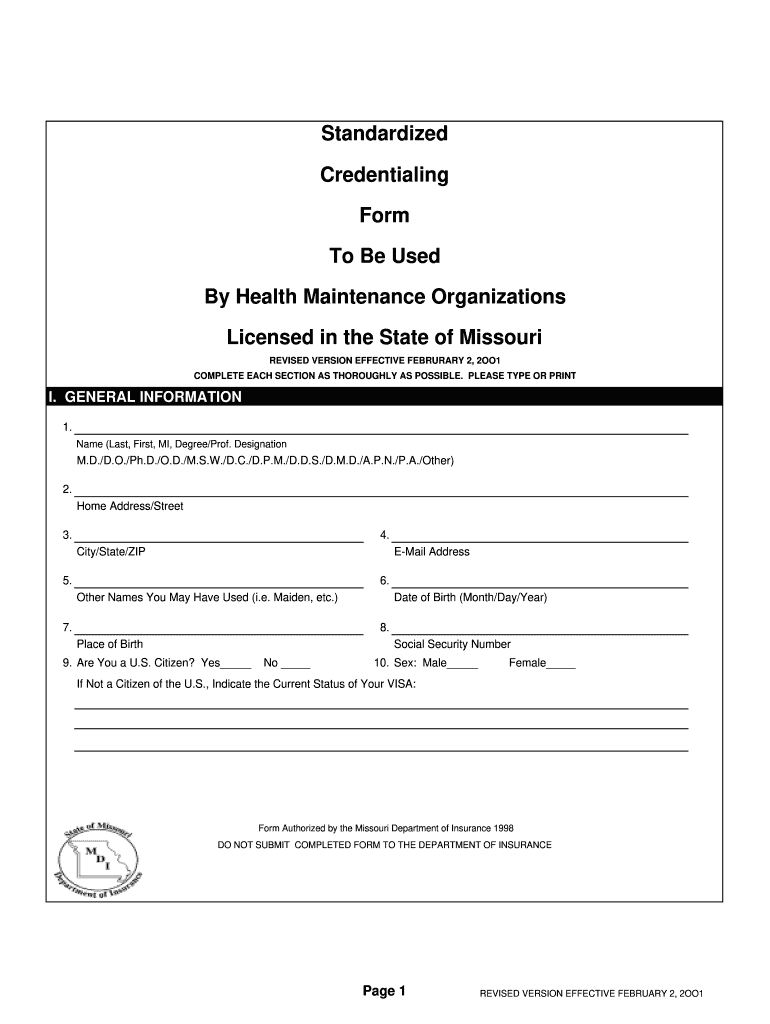  Missouri Standardized Credentialling Form  State Legal Forms 2001-2024