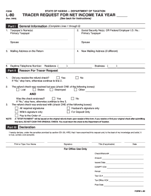 Hawaii L 80 Tracer Request for Net Income Tax State Legal Forms