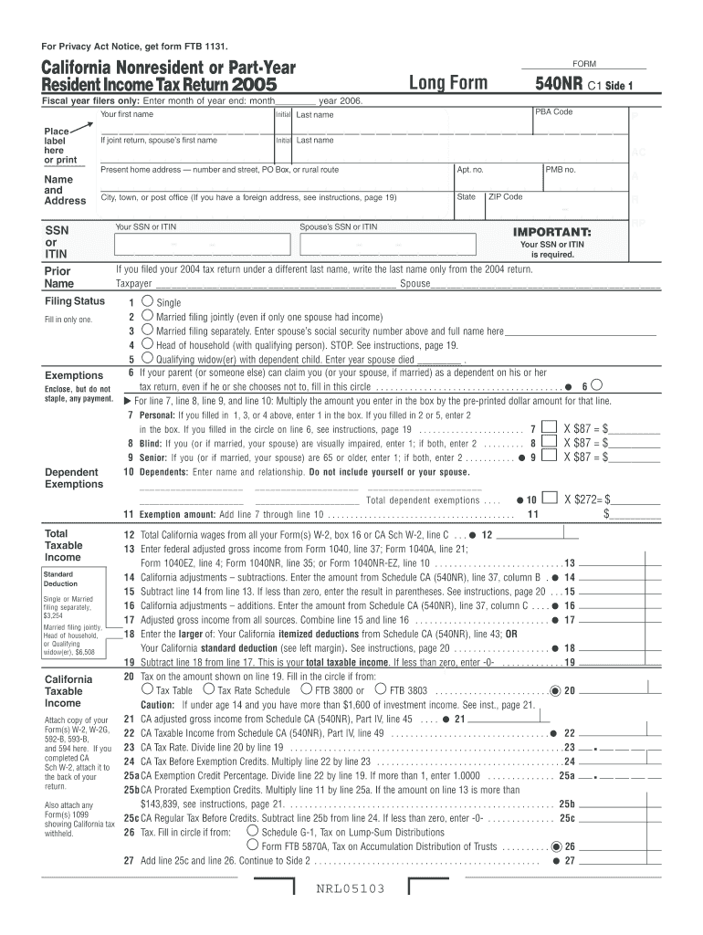  California Nonresident or Part Year Resident Income Tax Return Long Form 540NR 2018