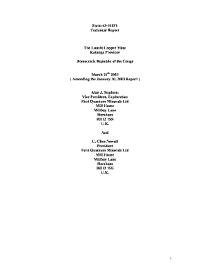 Form 43 101F1 Technical Report the Lonshi Copper Mine Katanga